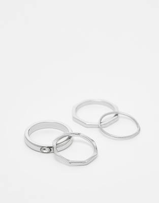 ASOS DESIGN waterproof stainless steel 4 pack octagonal and crystal band ring set in silver