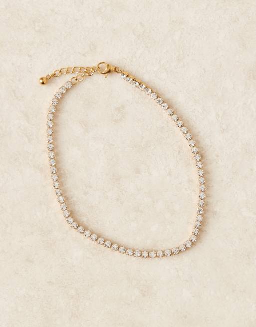 ASOS DESIGN waterproof stainless steel anklet with diamante cupchain design in gold tone, 2 of 3