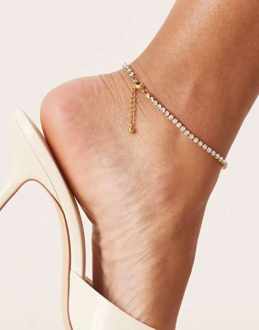ASOS DESIGN waterproof stainless steel anklet with diamante cupchain design in gold tone, 3 of 3