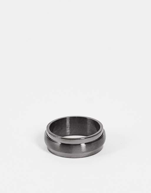 ASOS DESIGN waterproof stainless steel band ring with beveled edge in gunmetal 