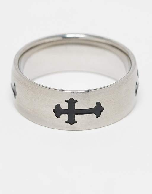 ASOS DESIGN waterproof stainless steel band ring with black cross detail in silver  , 2 of 3