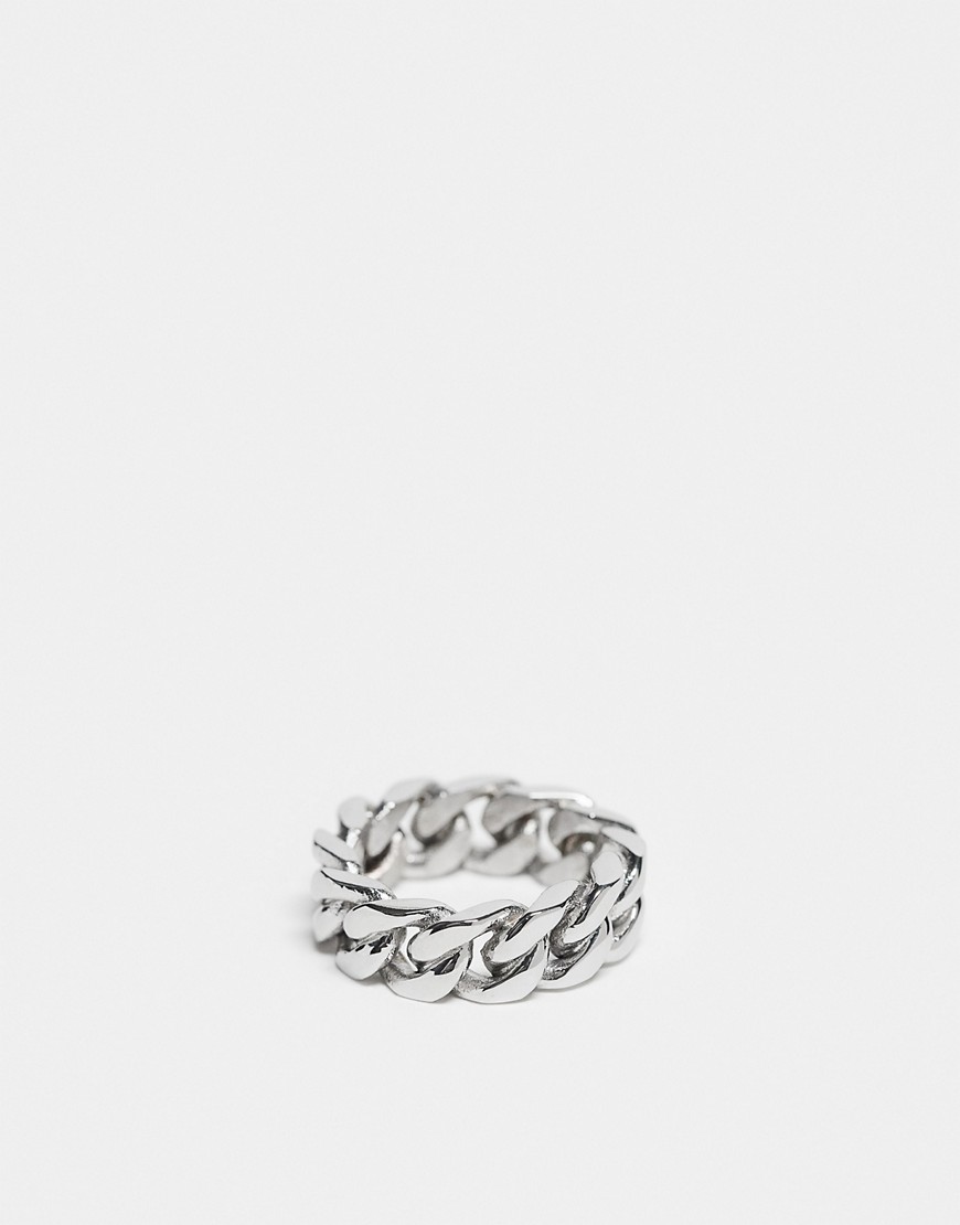 waterproof stainless steel band ring with chain design in silver tone