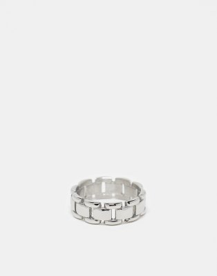 waterproof stainless steel band ring with chain design in silver tone