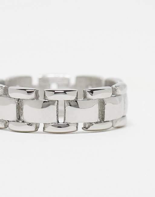 ASOS DESIGN waterproof stainless steel band ring with chain design in silver tone
