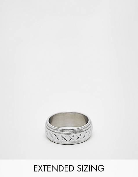 ASOS DESIGN waterproof stainless steel band ring with cross embossed design in silver tone