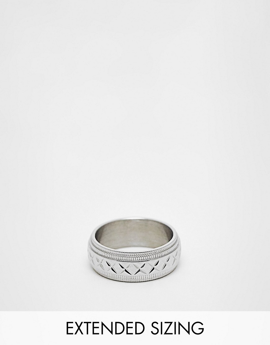 ASOS DESIGN waterproof stainless steel band ring with cross embossed design in silver tone