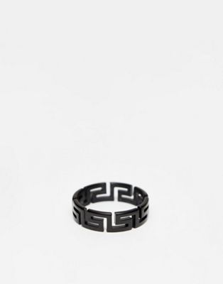 ASOS DESIGN waterproof stainless steel band ring with cut out greek wave design in shiny black tone