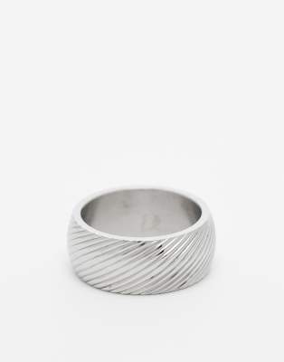 waterproof stainless steel band ring with diagonal texture in silver tone