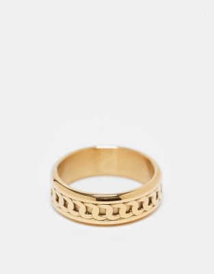 waterproof stainless steel band ring with embossed design in gold tone