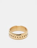 ASOS DESIGN waterproof stainless steel band ring with embossed design in gold tone