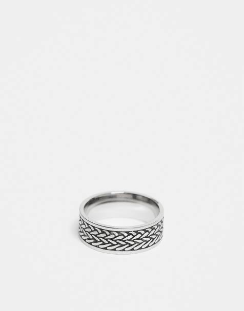 ASOS DESIGN waterproof stainless steel band ring with embossed design in silver tone - view 1