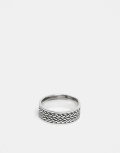 ASOS DESIGN waterproof stainless steel band ring with embossed design in silver tone