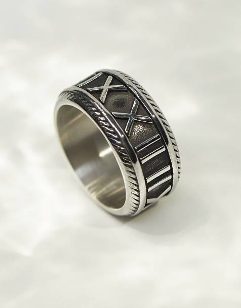 ASOS DESIGN waterproof stainless steel band ring with embossed roman numerals in silver tone