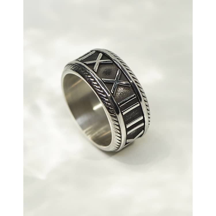 ASOS DESIGN waterproof stainless steel band ring with embossed roman numerals in silver tone ASOS