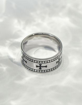 ASOS DESIGN waterproof stainless steel band ring with engraved cross detail in burnished silver tone