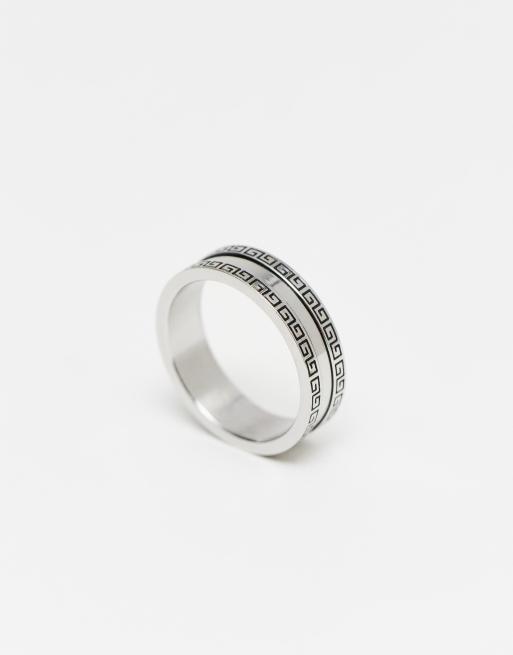 ASOS DESIGN waterproof stainless steel band ring with engraved greek wave border in silver tone, 2 of 4