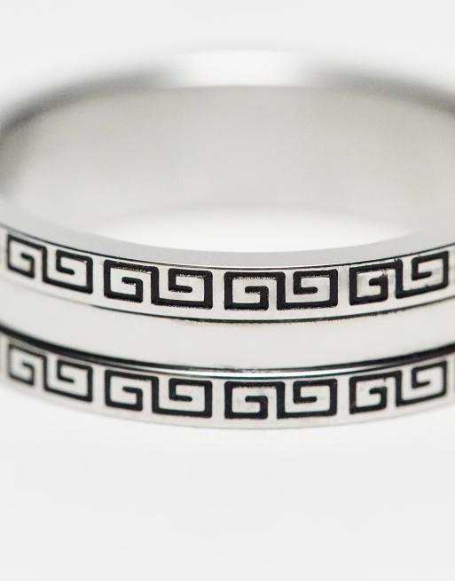 ASOS DESIGN waterproof stainless steel band ring with engraved greek wave border in silver tone, 3 of 4
