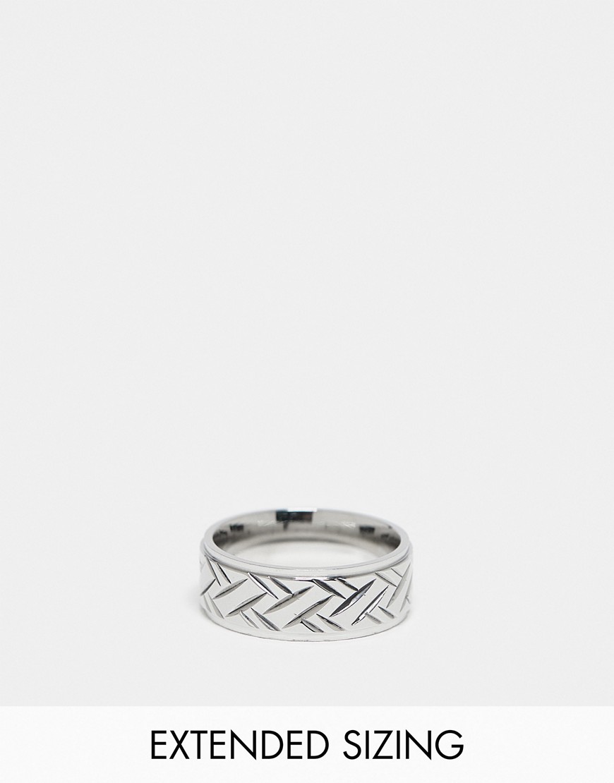 ASOS DESIGN waterproof stainless steel band ring with engraving in silver tone