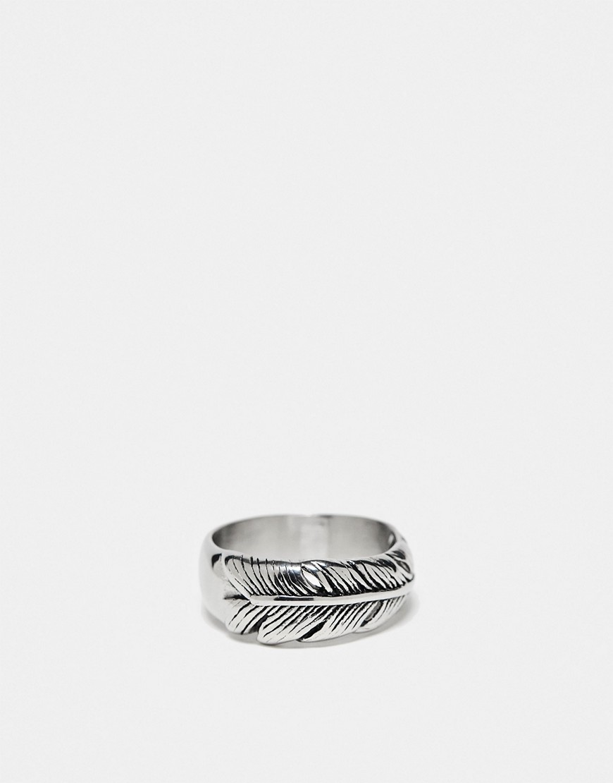 ASOS DESIGN waterproof stainless steel band ring with feather design in silver tone