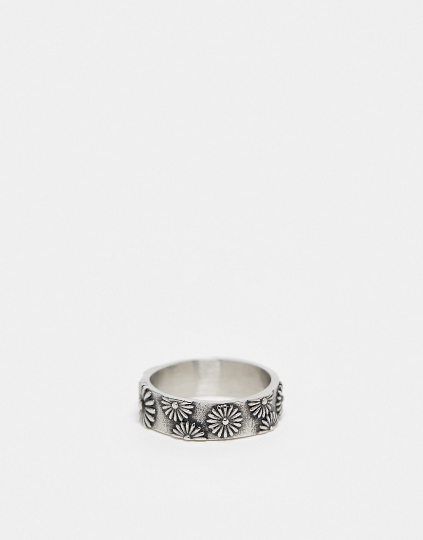 waterproof stainless steel band ring with floral design in silver tone