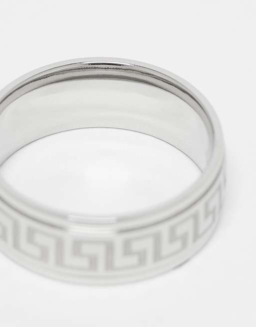 ASOS DESIGN waterproof stainless steel band ring with greek wave edge in silver tone