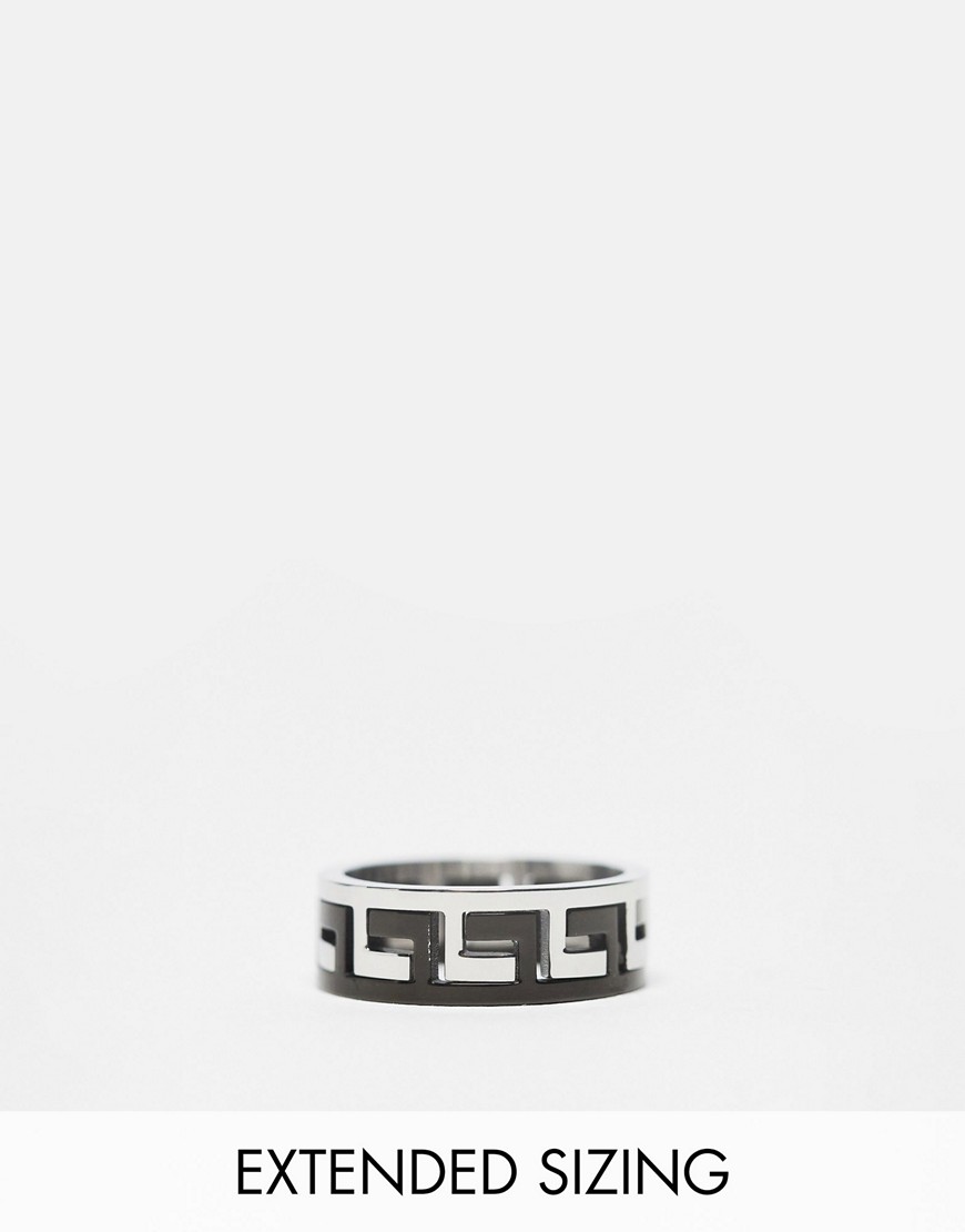 ASOS DESIGN waterproof stainless steel band ring with greek wave in black and silver tone