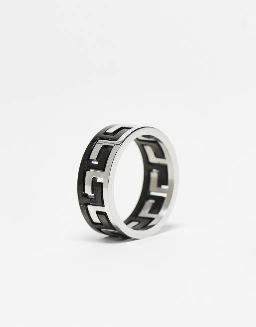 ASOS DESIGN waterproof stainless steel band ring with greek wave in black and silver tone