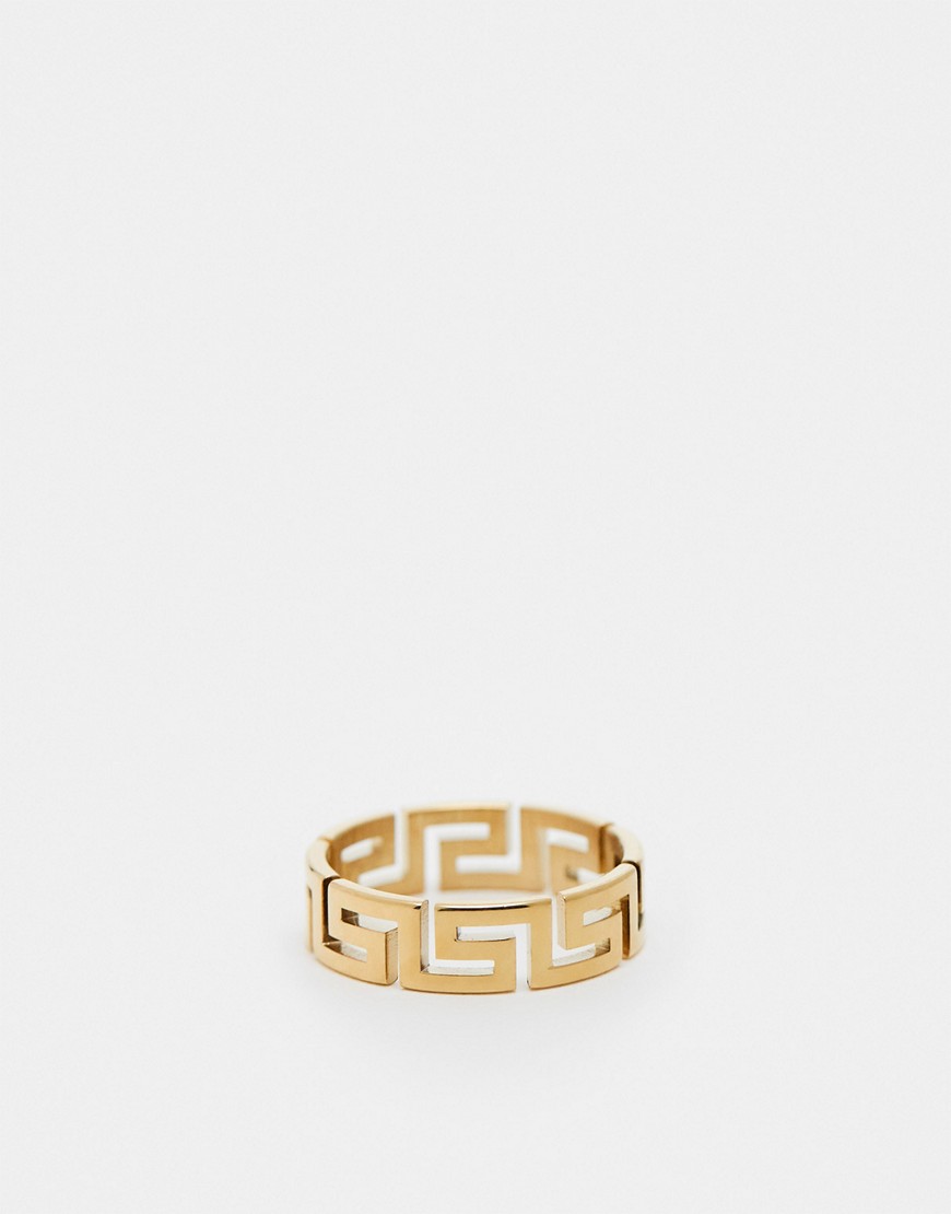 ASOS DESIGN waterproof stainless steel band ring with greek wave in gold tone