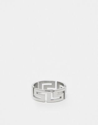 ASOS DESIGN waterproof stainless steel band ring with greek wave in silver tone