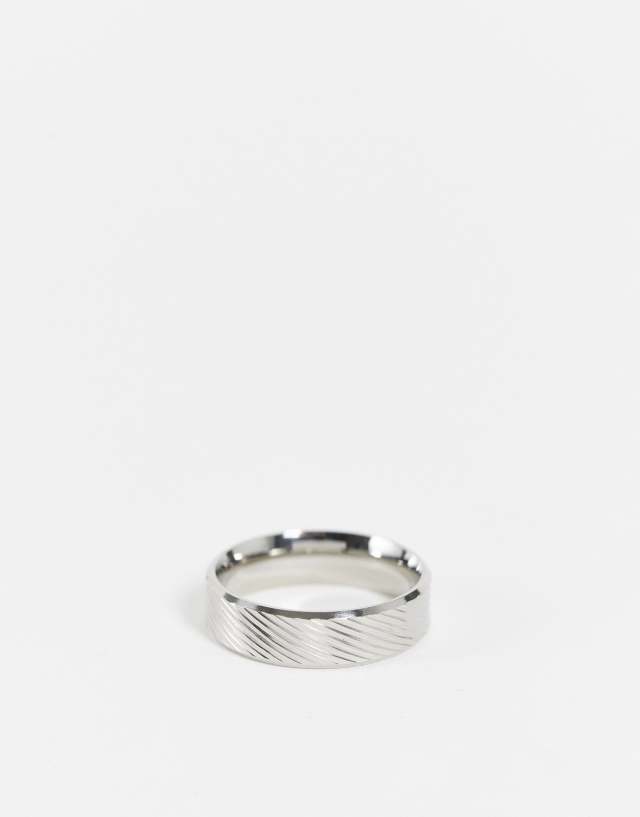 ASOS DESIGN waterproof stainless steel band ring with horizontal emboss in silver tone