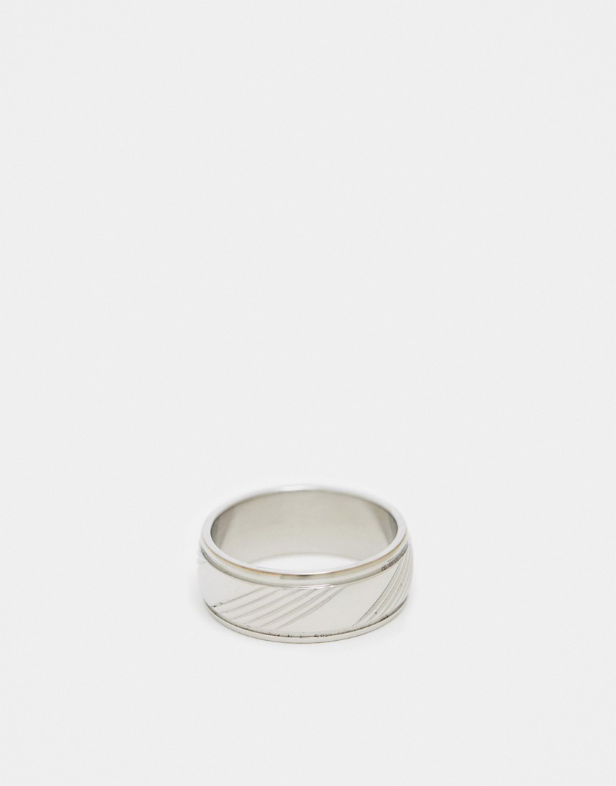 waterproof stainless steel band ring with horizontal embossed design in silver tone