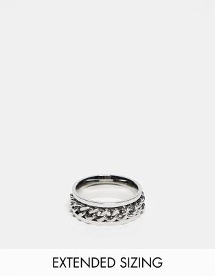 ASOS DESIGN waterproof stainless steel band ring with moving chain in silver tone