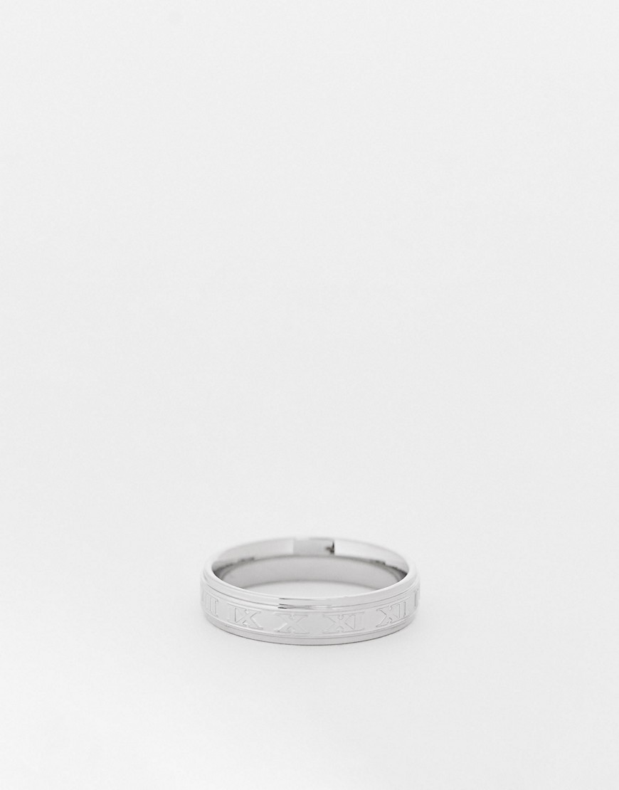 ASOS DESIGN waterproof stainless steel band ring with roman numerals design in silver tone