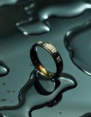 ASOS DESIGN waterproof stainless steel band ring with roman numerals in black and silver tone