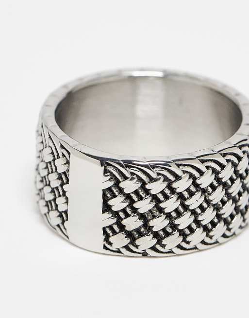 ASOS DESIGN waterproof stainless steel band ring with texture in burnished silver