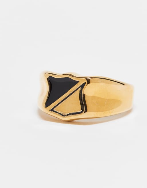 ASOS DESIGN waterproof stainless steel black enamel signet ring in gold, 2 of 3