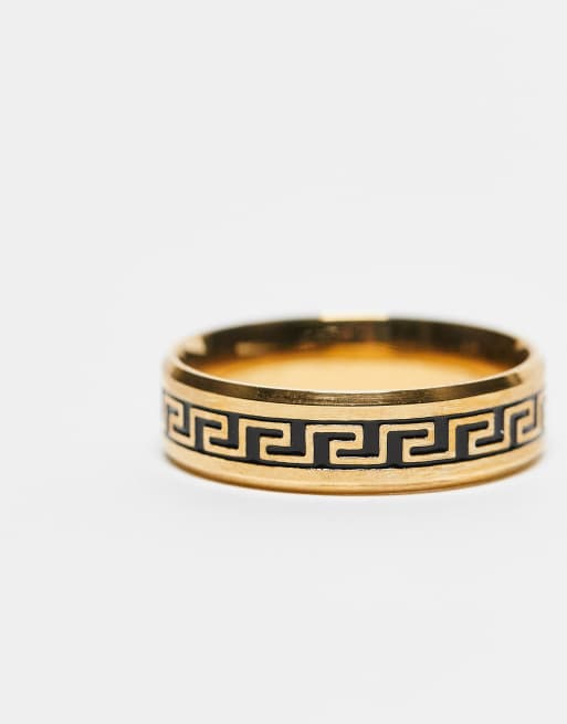ASOS DESIGN waterproof stainless steel black Greek wave ring in gold, 2 of 3