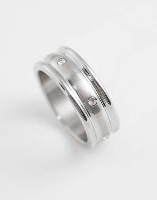ASOS DESIGN waterproof stainless steel brushed domed centre band ring with crystal detail in silver, 2 of 3