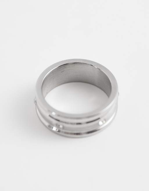 ASOS DESIGN waterproof stainless steel brushed domed centre band ring with crystal detail in silver, 3 of 3