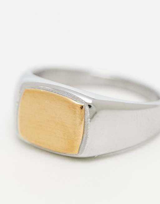 ASOS DESIGN waterproof stainless steel brushed face biplate signet ring in gold and silver, 2 of 3