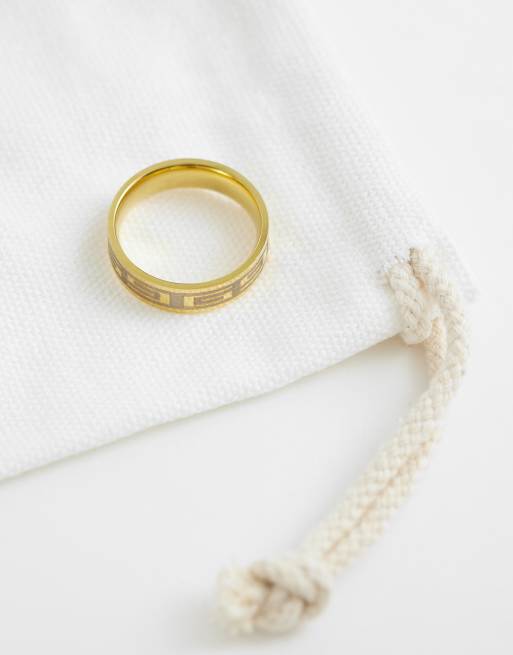 ASOS DESIGN waterproof stainless steel brushed silver etched Greek wave band ring in gold, 3 of 3