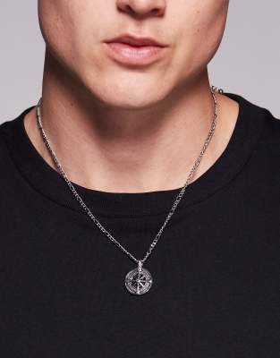 Asos Design Waterproof Stainless Steel Chain Necklace With Compass Pendant In Silver