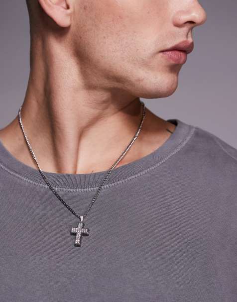 ASOS DESIGN waterproof stainless steel chain necklace with crystal cross pendant in silver tone - view 1