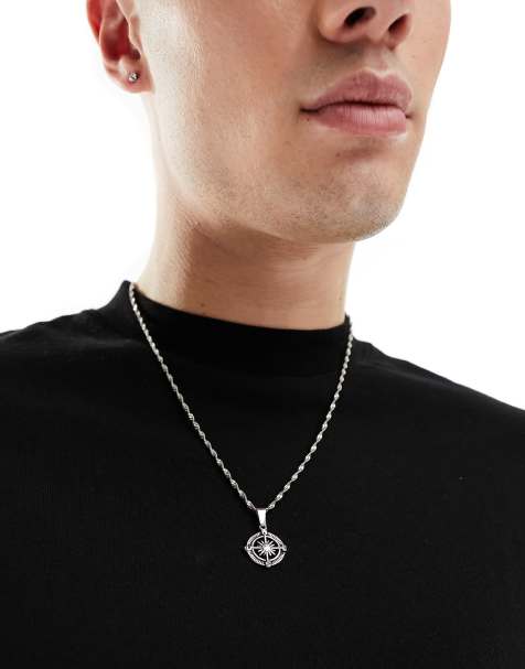 ASOS DESIGN waterproof stainless steel chain with compass pendant in silver tone