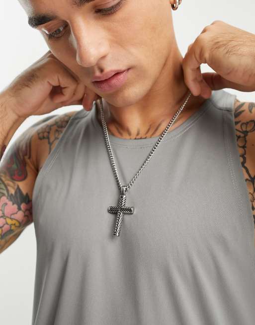 Small silver cross necklace for men, stainless steel chain necklace,  waterproof