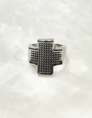 ASOS DESIGN waterproof stainless steel chunky ring with textured cross design in burnished silver to