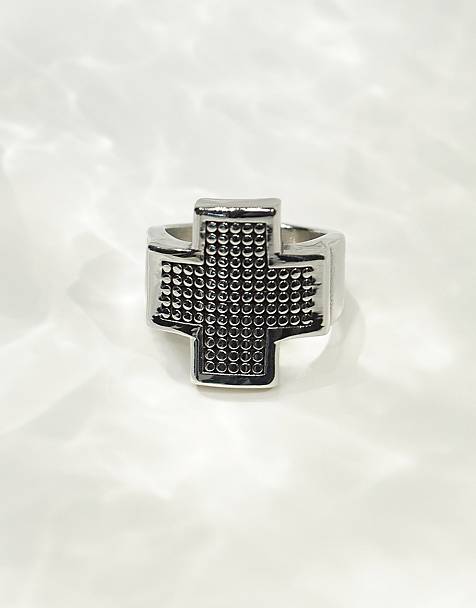 ASOS DESIGN waterproof stainless steel chunky ring with textured cross design in burnished silver tone