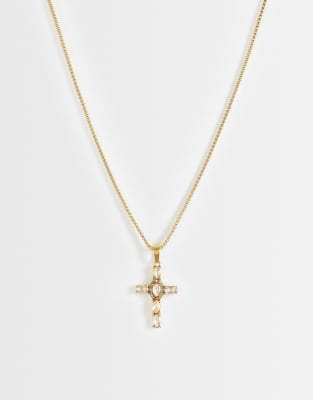 Asos Design Waterproof Stainless Steel Citrine Crystal Stone Cross Pendant Necklace In Gold
