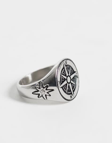 ASOS DESIGN waterproof stainless steel compass signet ring in silver tone - view 1