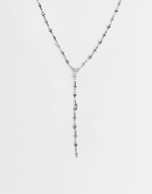 Asos Design Waterproof Stainless Steel Cross And Hearts Y-drop Necklace In Metallic